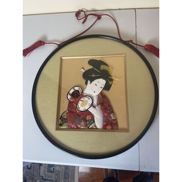 VTG Set of 2 Large Japanese Wall Art Frame 3D Silk Fabric Collage Geisha Floral - Picture 14 of 16